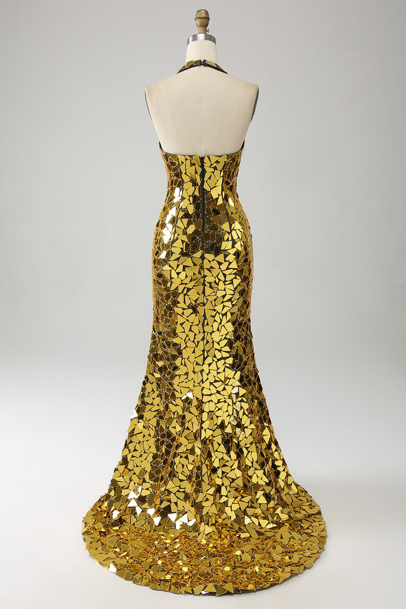 Afbeelding in Gallery-weergave laden, Gouden zeemeermin halter diepe V-hals Backless spiegel galajurk met hoge split