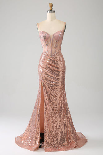 Rose gouden zeemeermin kralen Ruched pailletten korset Prom jurk met zijsplit