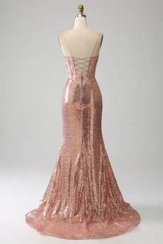 Rose gouden zeemeermin kralen Ruched pailletten korset Prom jurk met zijsplit
