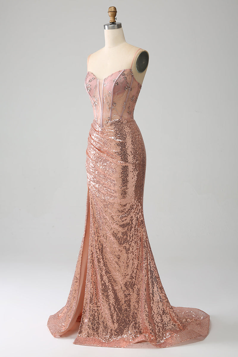 Afbeelding in Gallery-weergave laden, Rose gouden zeemeermin kralen Ruched pailletten korset Prom jurk met zijsplit