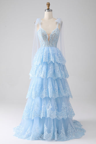 Lichtblauwe Sweetheart strikje bandjes gelaagde tule pailletten Prom jurk met Appliques