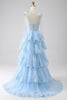 Afbeelding in Gallery-weergave laden, Lichtblauwe Sweetheart strikje bandjes gelaagde tule pailletten Prom jurk met Appliques
