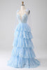 Afbeelding in Gallery-weergave laden, Lichtblauwe Sweetheart strikje bandjes gelaagde tule pailletten Prom jurk met Appliques