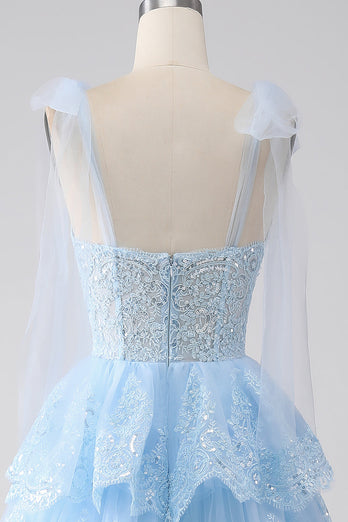 Lichtblauwe Sweetheart strikje bandjes gelaagde tule pailletten Prom jurk met Appliques