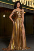 Afbeelding in Gallery-weergave laden, Sprankelende Ruched Spaghetti bandjes kralen Metallic Prom jurk met split