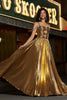 Afbeelding in Gallery-weergave laden, Sprankelende Ruched Spaghetti bandjes kralen Metallic Prom jurk met split