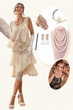 Champagne Pailletten Fringes 1920s Gatsby Jurk met 20s Accessoires Set