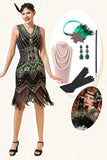 Zwart Groen Pailletten Fringes 1920s Gatsby Jurk met 20s Accessoires Set