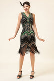 Zwart Groen Pailletten Fringes 1920s Gatsby Jurk met 20s Accessoires Set