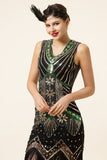 Zwart Groen Pailletten Fringes 1920s Gatsby Jurk met 20s Accessoires Set