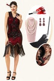 Rode en zwarte pailletten Franjes 1920s Gatsby Jurk met 20s Accessoires Set