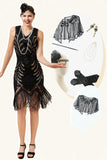 Zwarte Pailletten Fringes 1920s Flapper Jurk met 20s Accessoires Set