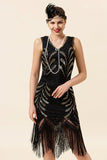 Zwarte Pailletten Fringes 1920s Flapper Jurk met 20s Accessoires Set