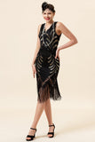 Zwarte Pailletten Fringes 1920s Flapper Jurk met 20s Accessoires Set