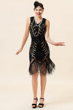 Zwarte Pailletten Fringes 1920s Flapper Jurk met 20s Accessoires Set