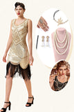 Champagne Pailletten Franjes 1920s Flapper Jurk met jaren '20 Accessoires Set