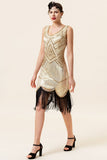 Champagne Pailletten Franjes 1920s Flapper Jurk met jaren '20 Accessoires Set