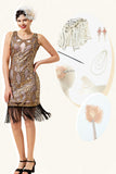 Gouden Pailletten Franjes 1920s Flapper Jurk met 20s Accessoires Set