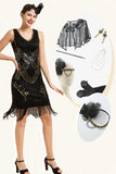 Zwarte Pailletten Franjes 1920s Gatsby Flapper Jurk met 20s Accessoires Set