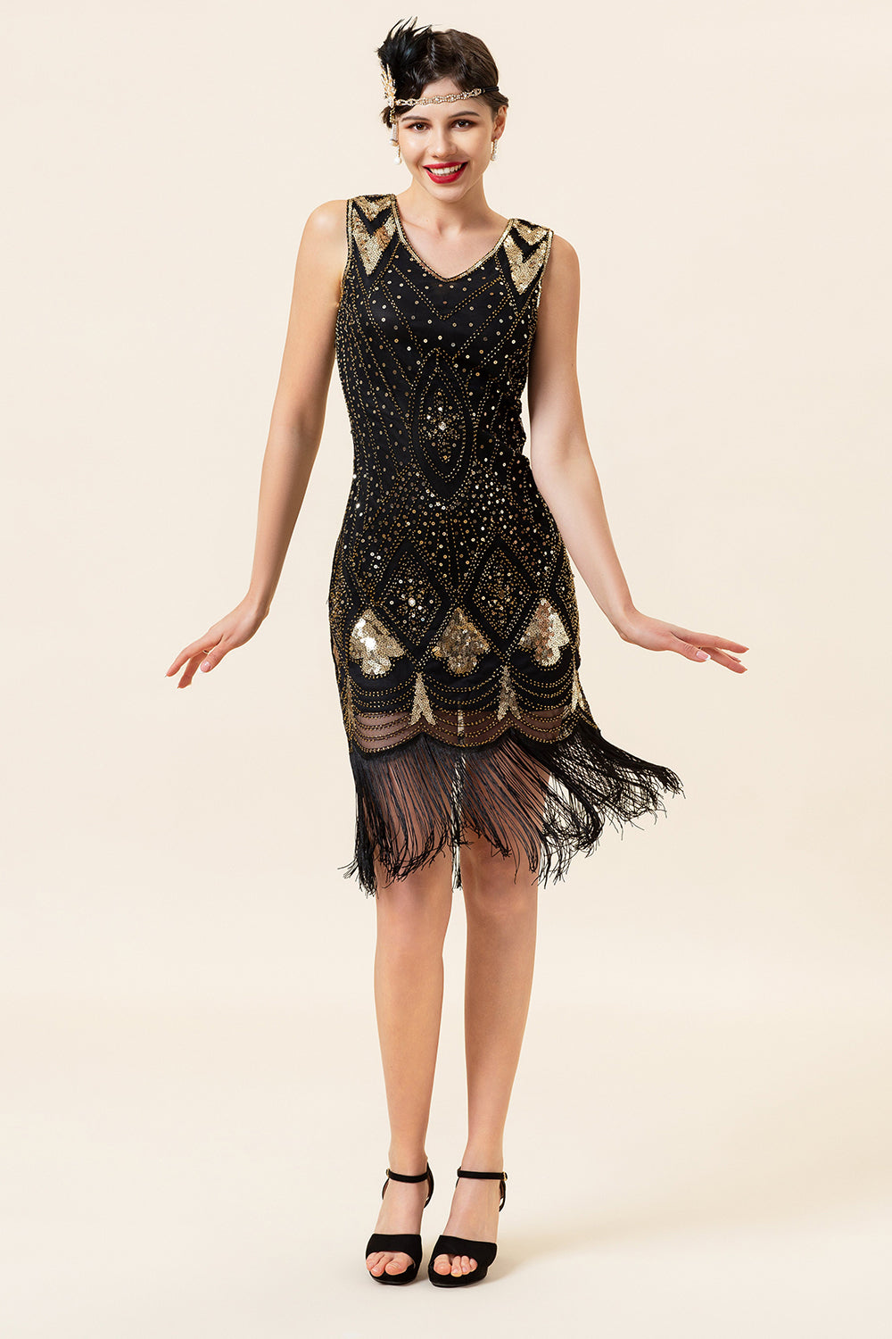 Vrouwen Zwart en Gouden Cap Mouwen Pailletten Fringes 1920s Vrouwen Zwart en Gouden Cap Mouwen Pailletten Fringes 1920s