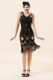 Zwarte en gouden pailletten franjes 1920s Gatsby Flapper Jurk met jaren 20 accessoires set