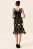 Zwarte en gouden pailletten franjes 1920s Gatsby Flapper Jurk met jaren 20 accessoires set