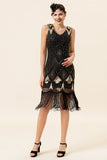 Zwarte en gouden pailletten franjes 1920s Gatsby Flapper Jurk met jaren 20 accessoires set