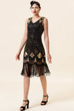 Zwarte en gouden pailletten franjes 1920s Gatsby Flapper Jurk met jaren 20 accessoires set