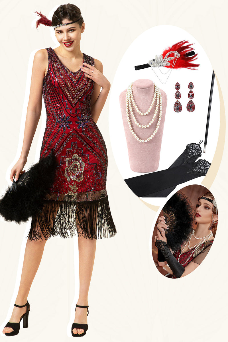 Afbeelding in Gallery-weergave laden, Bordeaux pailletten Franjes 1920s Gatsby Flapper Jurk met jaren 20 Accessoires Set