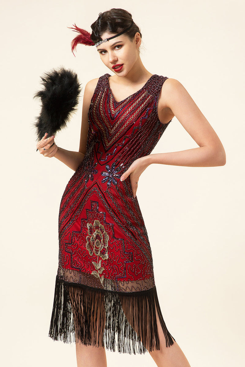 Afbeelding in Gallery-weergave laden, Bordeaux pailletten Franjes 1920s Gatsby Flapper Jurk met jaren 20 Accessoires Set