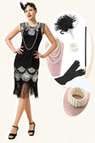 Zwarte en zilveren pailletten franjes 1920s Gatsby Flapper Jurk met 20s accessoires Set