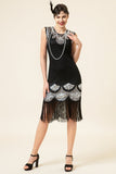 Zwarte en zilveren pailletten franjes 1920s Gatsby Flapper Jurk met 20s accessoires Set