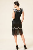 Zwarte en zilveren pailletten franjes 1920s Gatsby Flapper Jurk met 20s accessoires Set