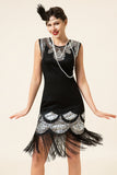 Zwarte en zilveren pailletten franjes 1920s Gatsby Flapper Jurk met 20s accessoires Set