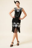 Zwarte en zilveren pailletten franjes 1920s Gatsby Flapper Jurk met 20s accessoires Set