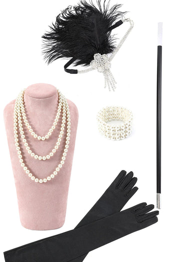 Zwarte en zilveren pailletten franjes 1920s Gatsby Flapper Jurk met 20s accessoires Set