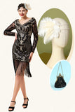 Zwarte lange mouwen pailletten franjes 1920s Gatsby Flapper Jurk met 20s accessoires set