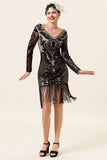 Zwarte lange mouwen pailletten franjes 1920s Gatsby Flapper Jurk met 20s accessoires set