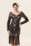 Zwarte lange mouwen pailletten franjes 1920s Gatsby Flapper Jurk met 20s accessoires set