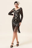 Zwarte lange mouwen pailletten franjes 1920s Gatsby Flapper Jurk met 20s accessoires set