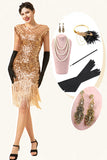 Roze Cap Mouwen Pailletten Fringes 1920s Gatsby Flapper Jurk met 20s Accessoires Set