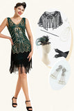 Donkergroene pailletten Franjes 1920s Gatsby Flapper Jurk met jaren 20 Accessoires Set