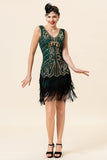 Donkergroene pailletten Franjes 1920s Gatsby Flapper Jurk met jaren 20 Accessoires Set