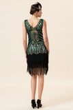 Donkergroene pailletten Franjes 1920s Gatsby Flapper Jurk met jaren 20 Accessoires Set