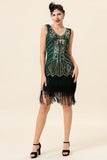 Donkergroene pailletten Franjes 1920s Gatsby Flapper Jurk met jaren 20 Accessoires Set