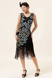 Zwart en blauw pailletten franjes 1920s Gatsby Flapper Jurk met 20s accessoires set