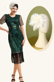 Donkergroene korte mouwen pailletten franjes 1920s Gatsby Flapper Jurk met 20s accessoires Set