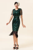 Donkergroene korte mouwen pailletten franjes 1920s Gatsby Flapper Jurk met 20s accessoires Set