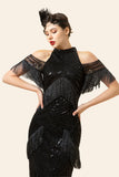 Zwarte pailletten franjes lange 1920s Gatsby Flapper Jurk met jaren 20 Accessoires Set