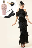 Zwarte pailletten franjes lange 1920s Gatsby Flapper Jurk met jaren 20 Accessoires Set